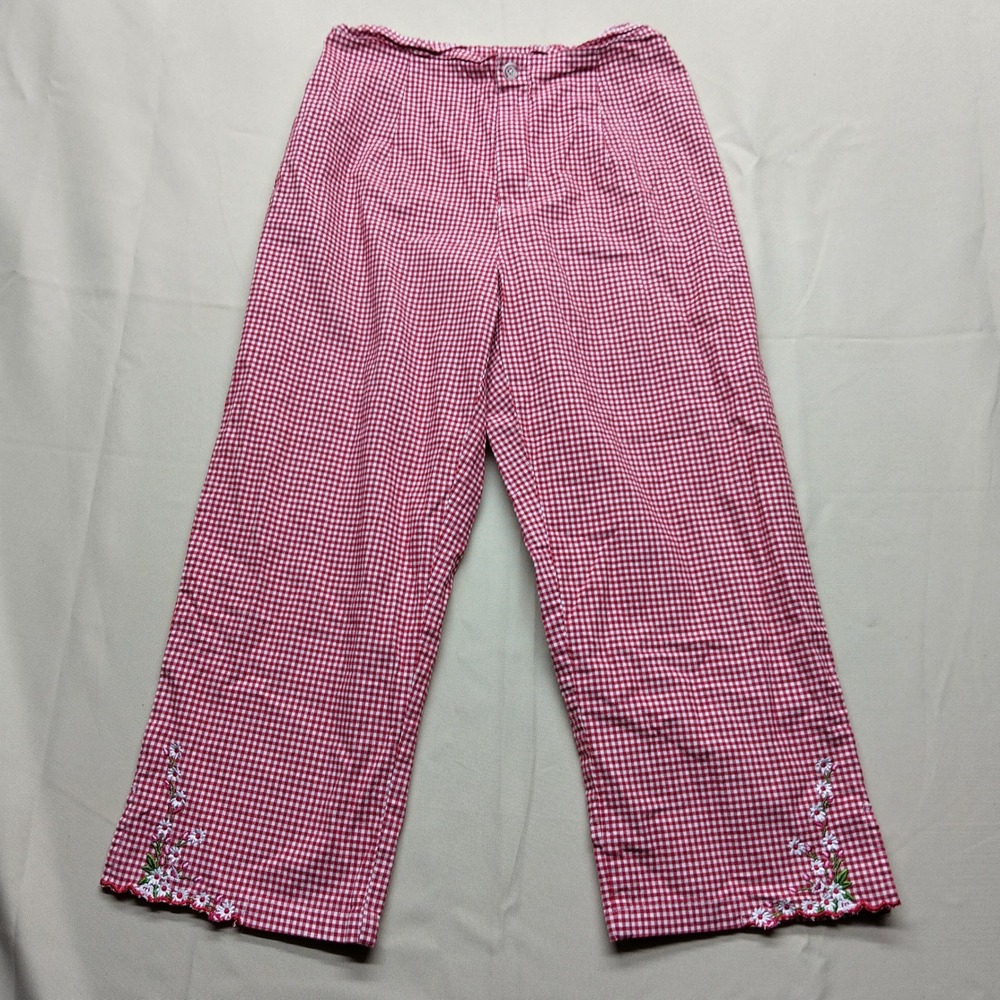 Vintage AMI Red Gingham Floral Embroidered Scallop Hem Capri Womens Medium